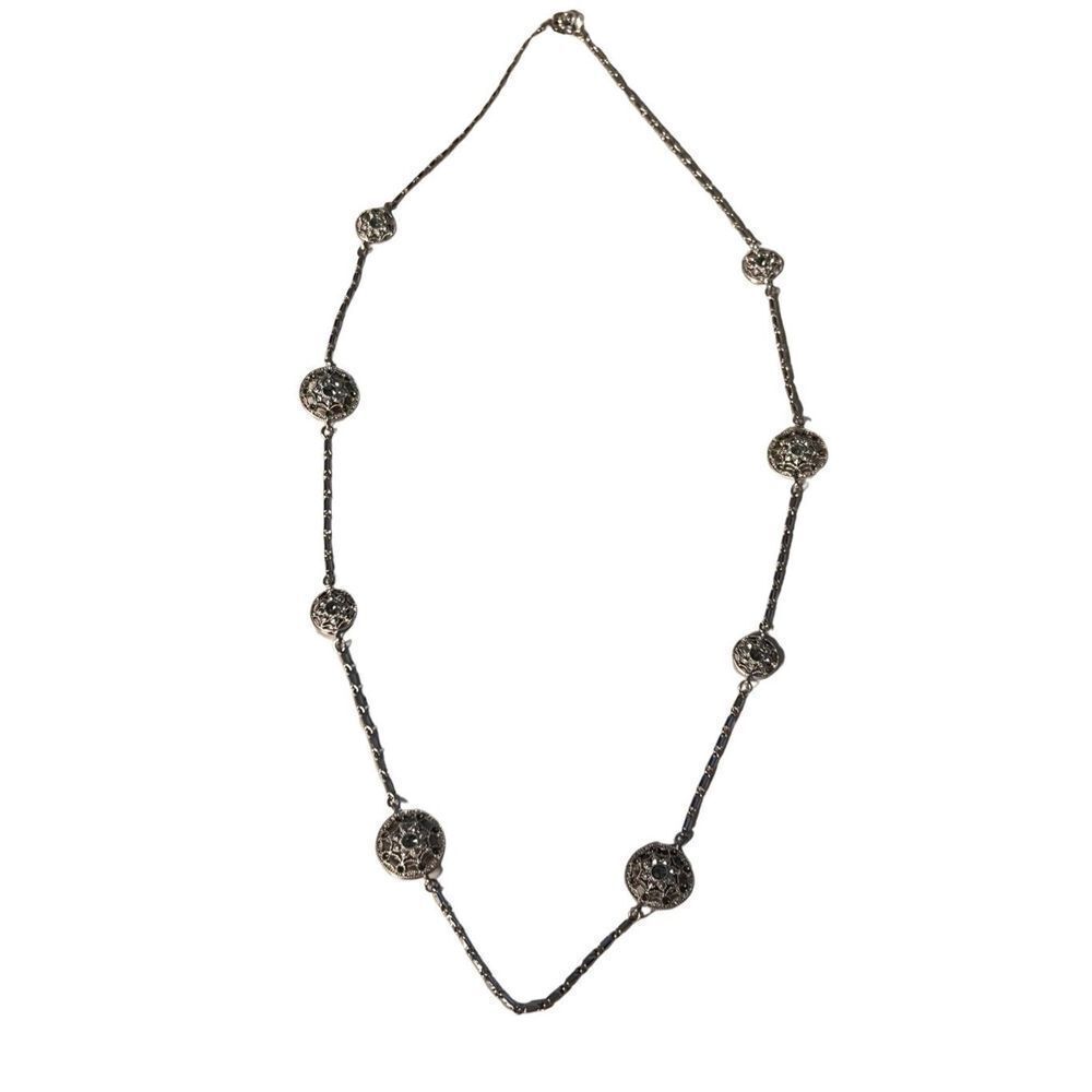 New Rare Monet Silver Tone Round Disk Sparkly Long Women’s Designer Necklace